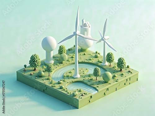 Obraz na płótnie アイソメトリック, 風力発電, 風車, 3d, 建築, 風景, 景色, 木, ビジネス, 環境問題, 森, 緑, イラスト, 空, 自然, デザイン、エコ、電力、エネルギー、パワー、