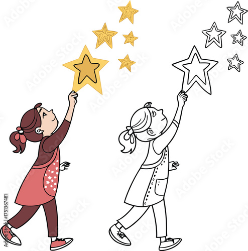 Child reaching for golden stars with sparkle wand magical dream wish fulfillment isolated on transparent background