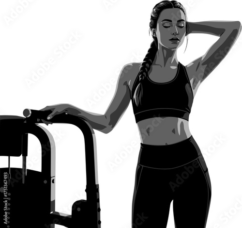 Athletic girl. Monochrome vector illustration of a beautiful sports woman at the gym. EPS version.