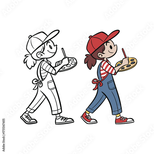 Young artist child character holding palette and brush ready to paint isolated on transparent background