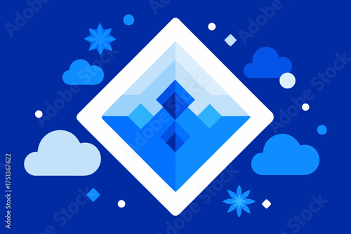 Geometric mountain landscape with clouds and stars