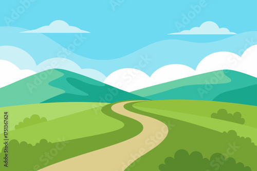 Illustration of a winding road through green hills