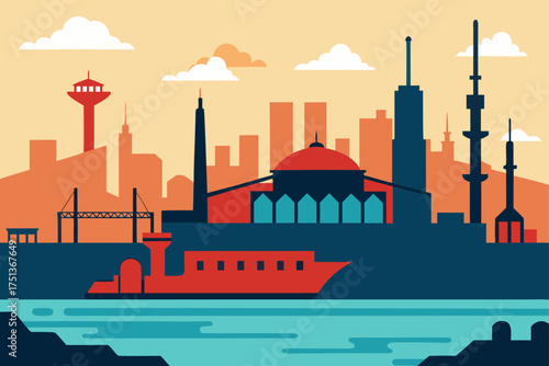 Cityscape with buildings and a boat on the water view