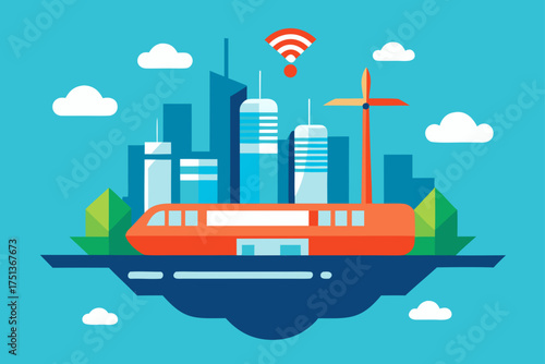 Orange train with cityscape and wifi signal above it