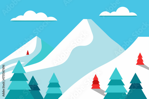 Winter landscape with mountains and christmas trees