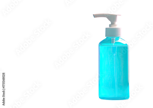 Blue liquid in clear bottle with pump against a dark background
