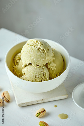 bowl of pistachio ice cream