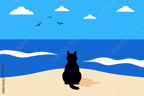 Silhouette cat sitting on beach looking at ocean view