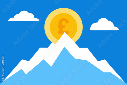 Pound coin on mountain top under a blue sky view
