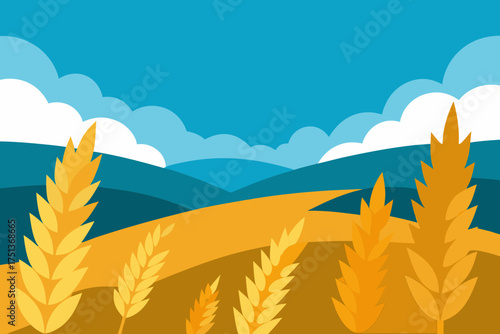 Illustration of wheat field with sky and mountains