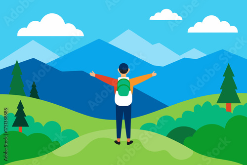 Person with backpack enjoying mountain landscape view