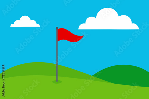 Golf course with a red flag and clouds in the sky