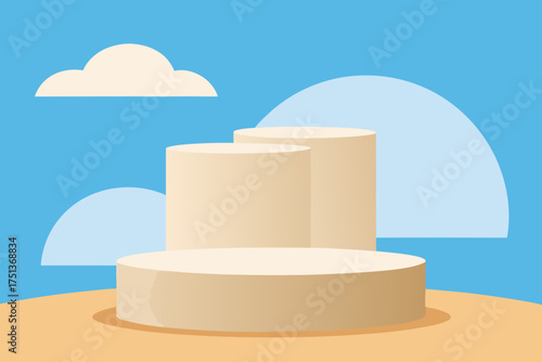 Three tiered podium with clouds in a blue setting