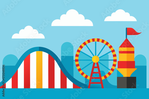 Illustration of a carnival with rides and clouds