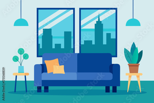 Living room interior with sofa and city background