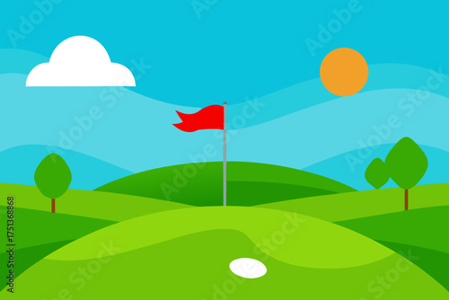 Cartoon golf course with flag cloud and sun scenery