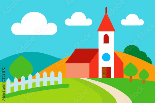 A cartoon church with clouds and a white fence line