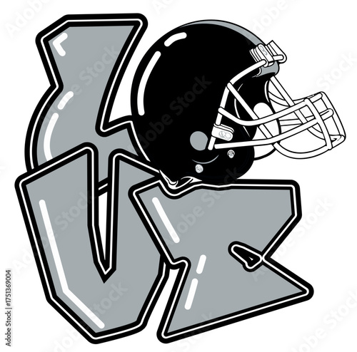 LOVE lettering featuring a football helmet as the “O”, in silver and black tones. A bold, urban style perfect for sports-inspired street art and graffiti.