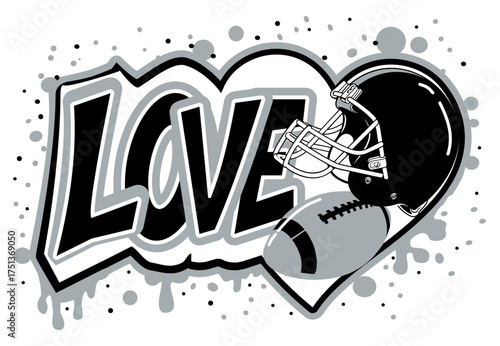 Graffiti lettering LOVE with heart football  and helmet in  silver and black tones. Dynamic street art vector design, bold sports illustration, urban typography for modern style