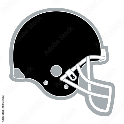 A stylized football helmet at the center of the design. Sports graphic design for fans, with silver and blackcolors, perfect for football enthusiasts.