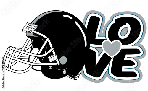 Love written in silver and black  color with a football at the center and a football helmet next to the text. vector design in street art style, perfect for sporty, dynamic illustrations