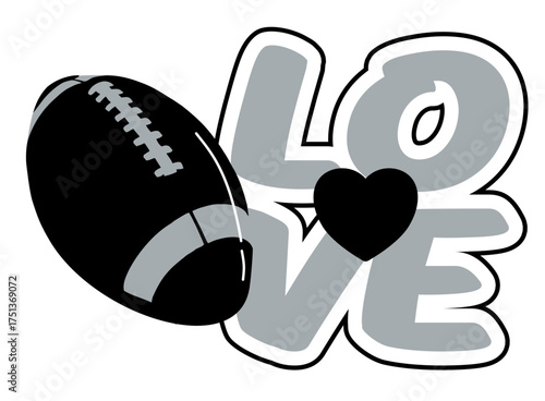 Love written in silver and black  color with a football at the center and a football next to the text. vector design in street art style, perfect for sporty, dynamic illustrations