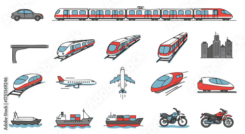 Vector illustration set showcasing diverse modes of modern transportation, including cars, high-speed trains, airplanes, ships, and motorcycles, perfect for infographics and travel designs