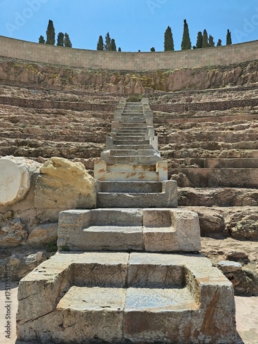 Stone stairs to the sky in ancient Roman amphitheater in Cartagena, Spain