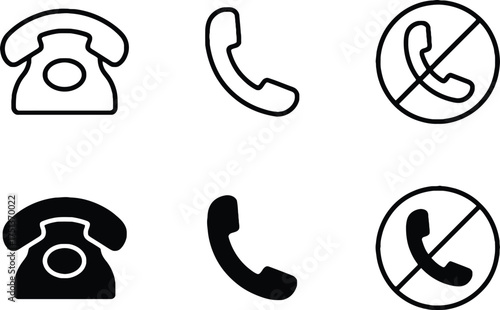 Vintage Telephone Icons Set: Communication Equipment, Retro Style Phone, Classic Design, Old-Fashioned Call Device, Black and White Outline Glyph Symbols