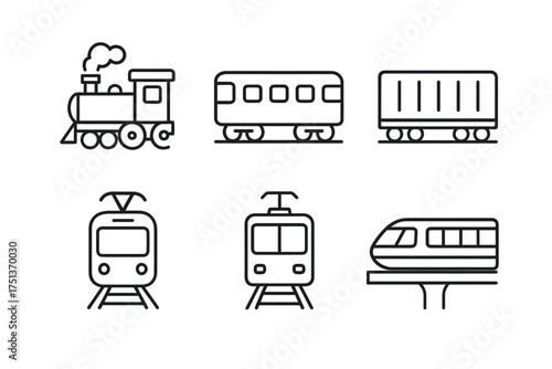 Set of six minimalist train and tram line art icons