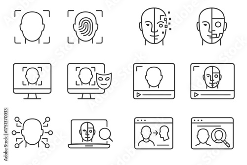 Facial recognition technology icons set featuring biometric face scans and ai interfaces