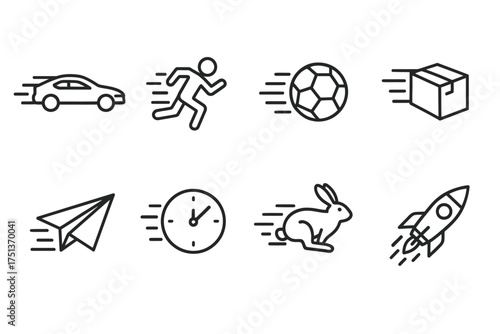 Set of speed icons: car, runner, soccer ball, box, paper plane, clock, rabbit, rocket