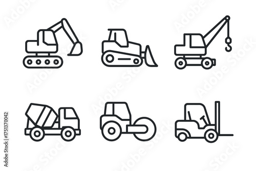 Outlined construction vehicles: excavator, bulldozer, crane, cement mixer, roller, forklift