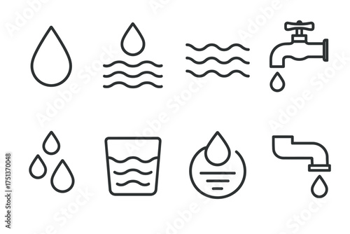 Water icons collection: drops, waves, faucet, glass symbols in minimalist design