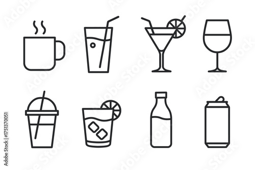 Variety of beverage icons: coffee, juice, cocktails, wine, and soda illustrations