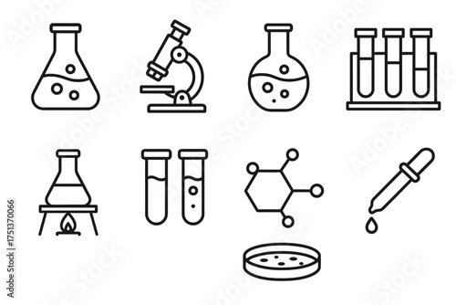 Line art chemistry icons: flasks, microscope, test tubes, molecule, dropper, bunsen burner
