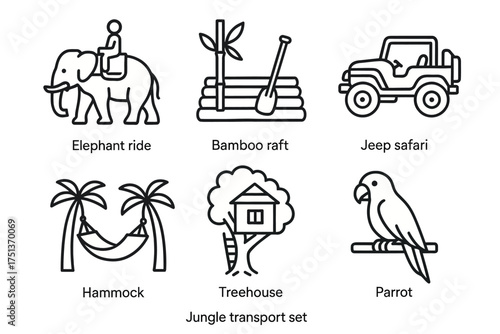 Jungle activities: elephant ride, bamboo raft, jeep safari, hammock, treehouse, parrot