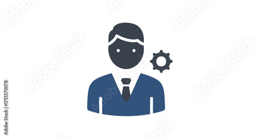 Icon depicting a business professional with a gear, signifying efficient user administration, personal profile settings, and system management capabilities within an organizational framework