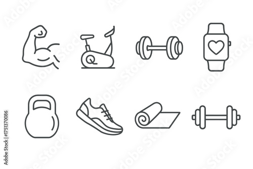 Fitness icon set: dumbbell, exercise bike, kettlebell, yoga mat, shoe, arm, watch
