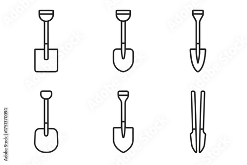 Set of six shovel icons: spade and garden tools in simple line art