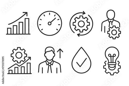 Business and productivity icons: graphs, gears, speedometer, checkmark, lightbulb