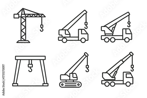 Vector icons of various construction cranes and trucks in line art style