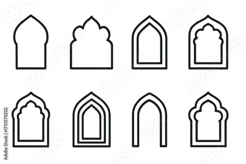 Set of eight traditional arch window shapes in minimalist line art style