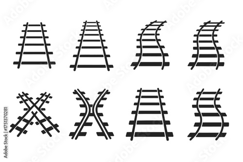 Set of eight railroad track icons in various configurations