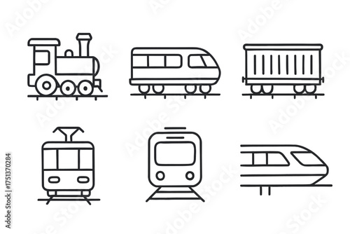 Collection of minimalist train and tram icons on white background