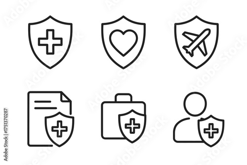 Set of health and travel insurance icons: medical, heart, airplane, document, briefcase, person