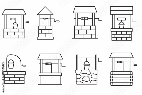 Set of eight line art water wells with various designs
