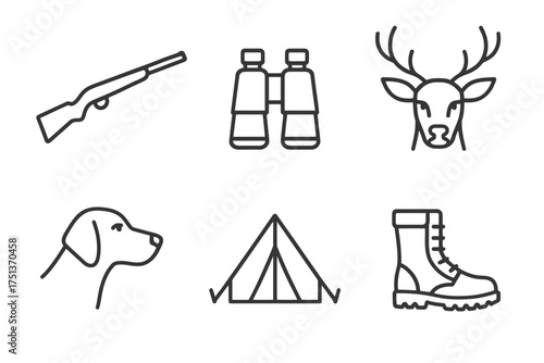Outdoor adventure icons: gun, binoculars, deer, dog, tent, boot illustrations