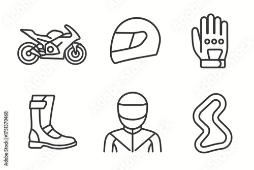Motorbike gear essentials: helmet, gloves, boots, rider, track, motorcycle