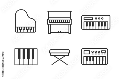 Piano and keyboard icon set with music bench and key designs